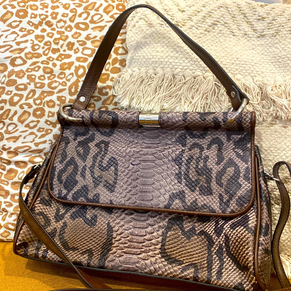 Leather snake print Etienne Aigner bag with handle & removable shoulder strap.